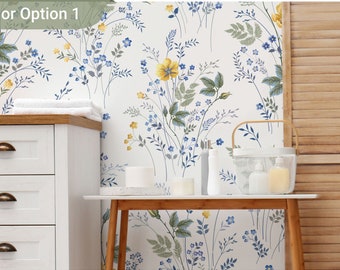 Removable Peel And Stick Wallpaper, Home wall decor Blue Floral Wallpaper, Papier Peint, Botanical Wallpaper, F008