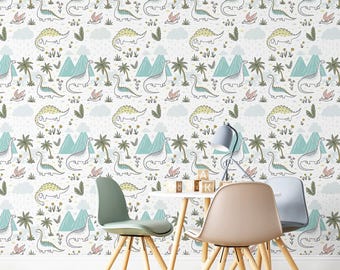 Dinosaur Jungle Mountain Wallpaper Mural | Kids Peel & Stick Wall Decals