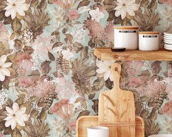 Chic Watercolor Floral Wallpaper Tropical Botanical Kitchen Wall Art Removable Mural