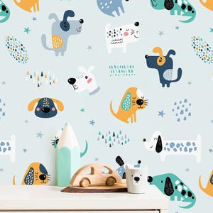Peel and Stick Dog Wallpaper for Kids’ Room Decor, Cute Cartoon Dog Wall Art for Puppy Lovers, Multicolor Mixed Breed Nursery Dog Mural