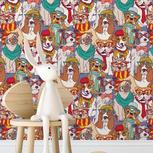 Dog Funny Colorful Seamless Pattern Wallpaper | Cute Animal Drawing Lover Wall Mural | Mixed Breed Dog Design Peel and Stick Wall Stricker