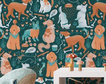 Papel pintado infantil con diseño de perro de dibujos animados, estampado sin costuras, arte de pared autoadhesivo.