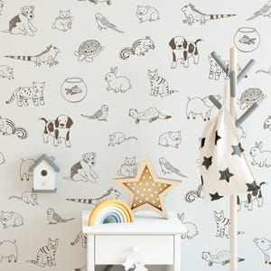 Pet Animal Doodle Wallpaper for Kids’ Room, Nursery, Cute Cartoon Animal Wall Art for Pet Dog Lovers, Self-Adhesive Removable Wall Decor
