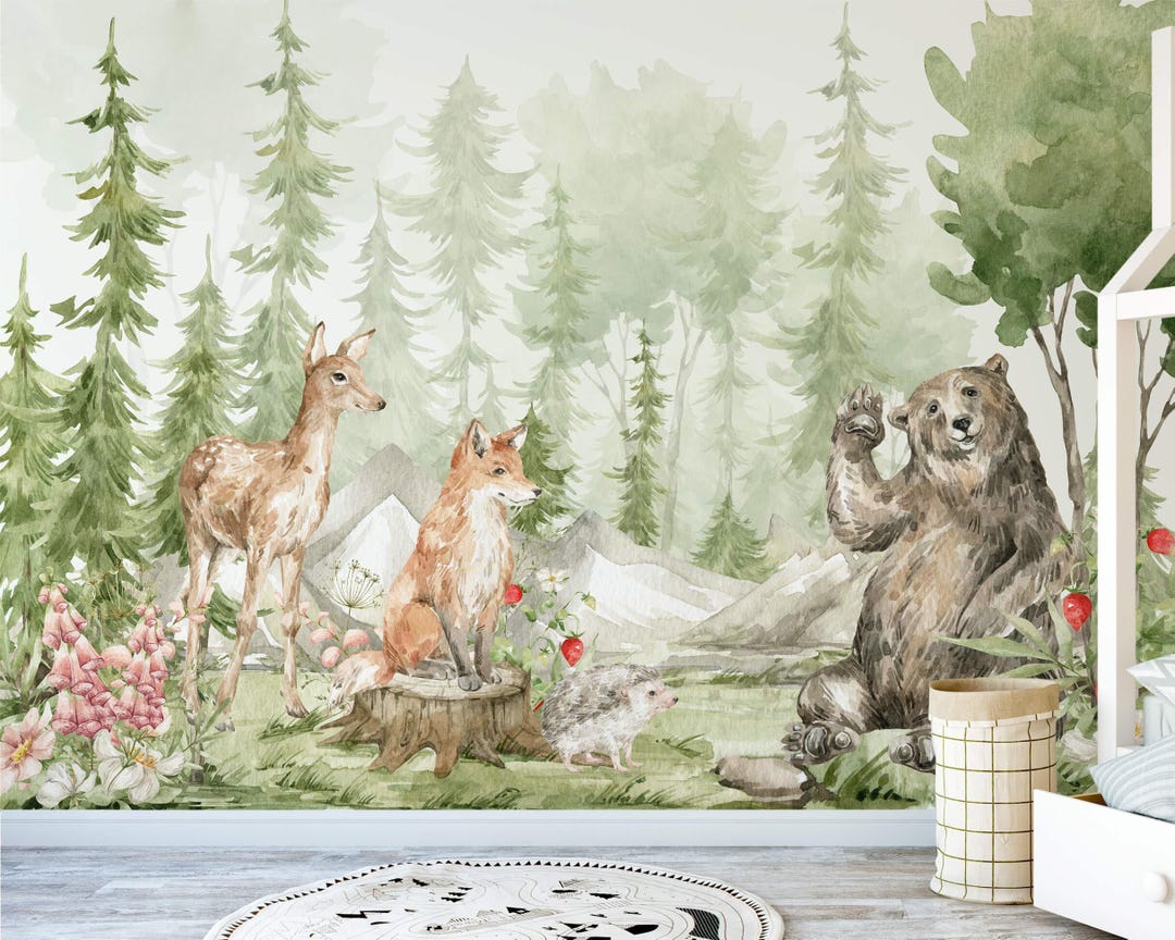 Safari Jungle Animals Wallpaper Watercolor Forest Peel and Stick Kids ...