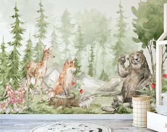 Behang Safari-oerwouddieren: aquarelbos Peel-and-Stick kinderkamerdecoratie