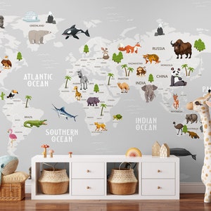 Safari World Map Wallpaper for Nursery, XXL Peel & Stick Removable, Kids World Map with Countries, Oceans and Animals, Educational Map Mural