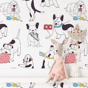 Peel and Stick Playful Dog Wallpaper, Removable Nursery Wall Decor, Color Pop Doodle Dog Wall Mural for Kids Room, Playroom Wall Decor