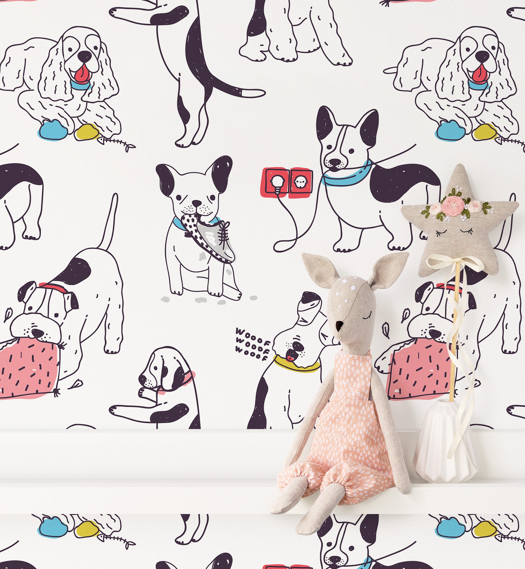 Peel and Stick Playful Dog Wallpaper, Removable Nursery Wall Decor, Color Pop Doodle Dog Wall Mural for Kids Room, Playroom Wall Decor