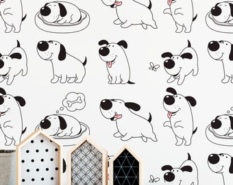 Adorable Cute Cartoon Puppy Dog Wall Mural | Black & White Dog Sketch Wall Sticker For Kids Room Decor | Pet Lover Wallpaper