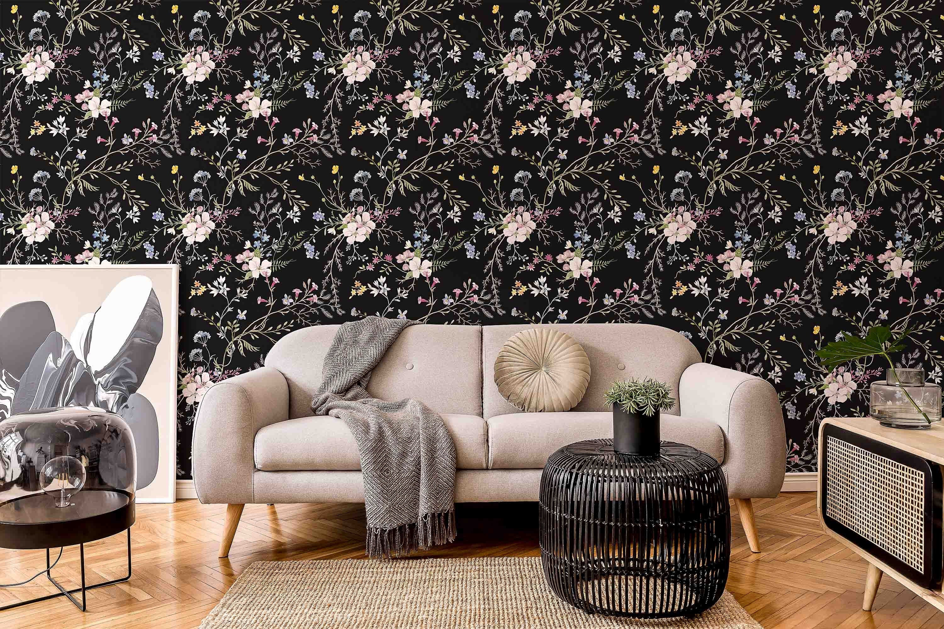 Dark Botanical Peel and Stick Wallpaper Meadow Flowers and - Etsy