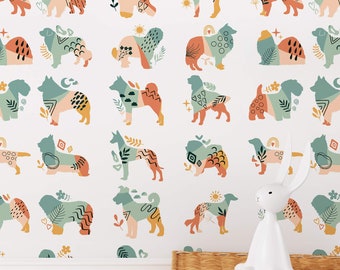 Boho Dog Breed Wallpaper | Peel & Stick Colorful Wallpaper Line Art for Pet Lovers and Kids Room Decor | Customizable Vinyl Wallpaper