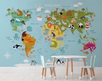 Cartoon World Map Nursery Wallpaper Peel and Stick Kids Room Wall Mural