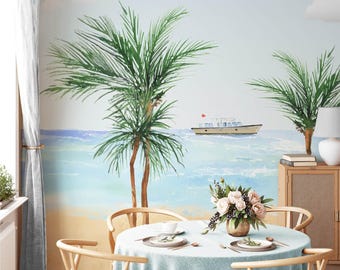 Tropical Beach Wall Mural – Palm Trees & Ocean Wallpaper