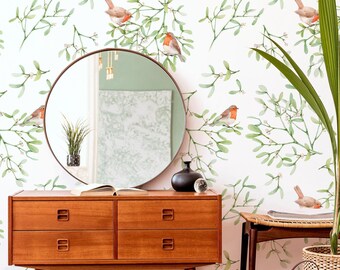 Vintage Birds Botanical Wallpaper, Robin Cardinal Nature Peel Stick Wall Mural