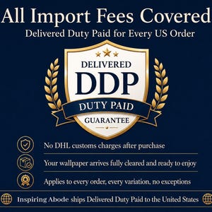 May include: A dark blue graphic featuring a gold shield emblem with the text Delivered DDP Duty Paid Guarantee. The text reads All Import Fees Covered, Delivered Duty Paid for Every US Order, No DHL customs charges, and Inspiring Abode ships DDP.