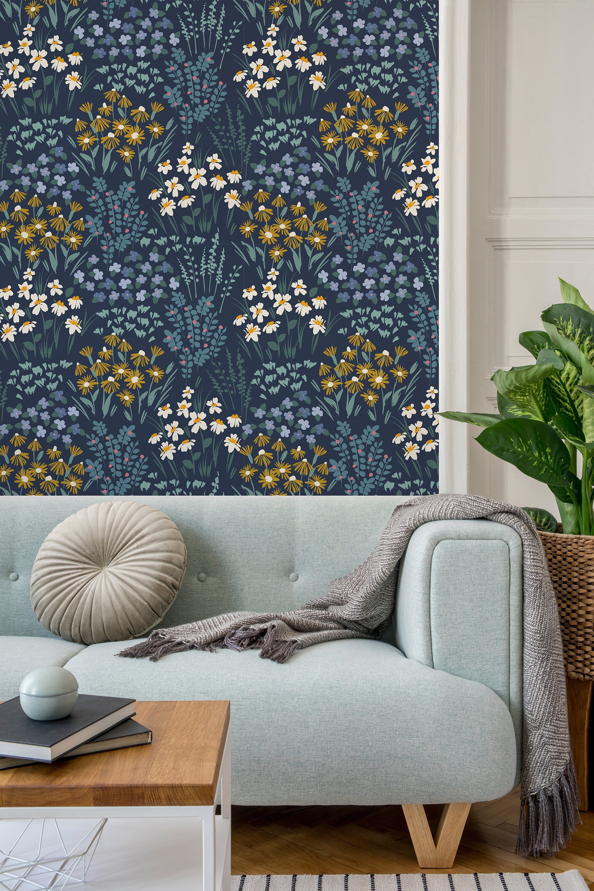 Navy Blue Floral Peel and Stick Wallpaper Dark Wallpaper With - Etsy