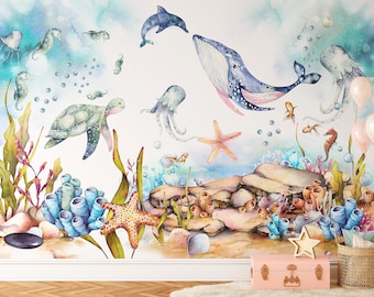 Kids Peel and Stick Wallpaper, Blue Coral Reef Ocean Sea Wall Mural (Nursery)