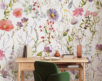 Colorful and Vibrant Floral Wallpaper for Home Decor, Multicolor Flowers Wall Art with Beige Background, Removable, Self-Adhesive Wall Mural