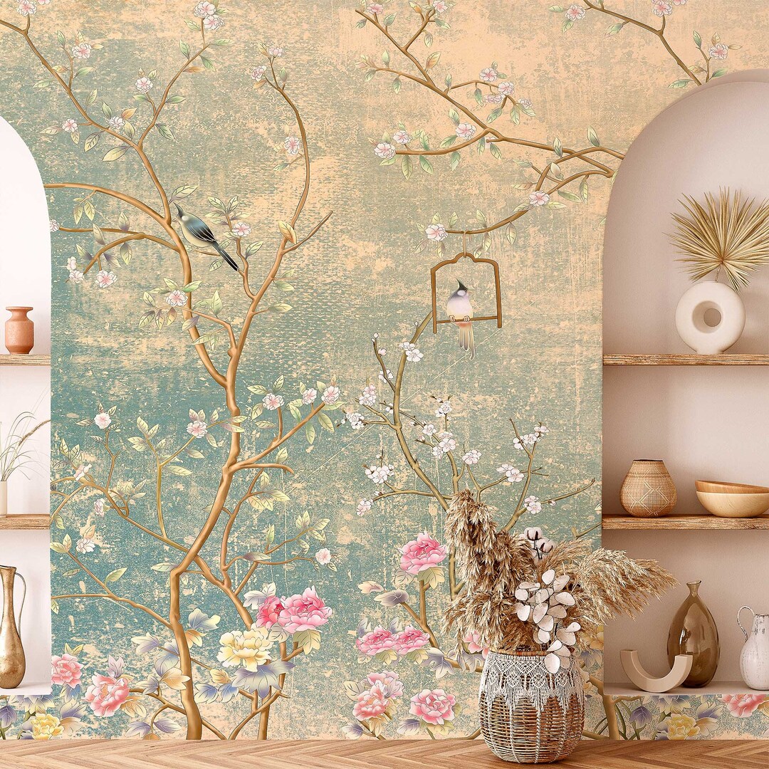 Peel and Stick Chinoiserie Wallpaper – Birds, Bamboo Forest Mural ...