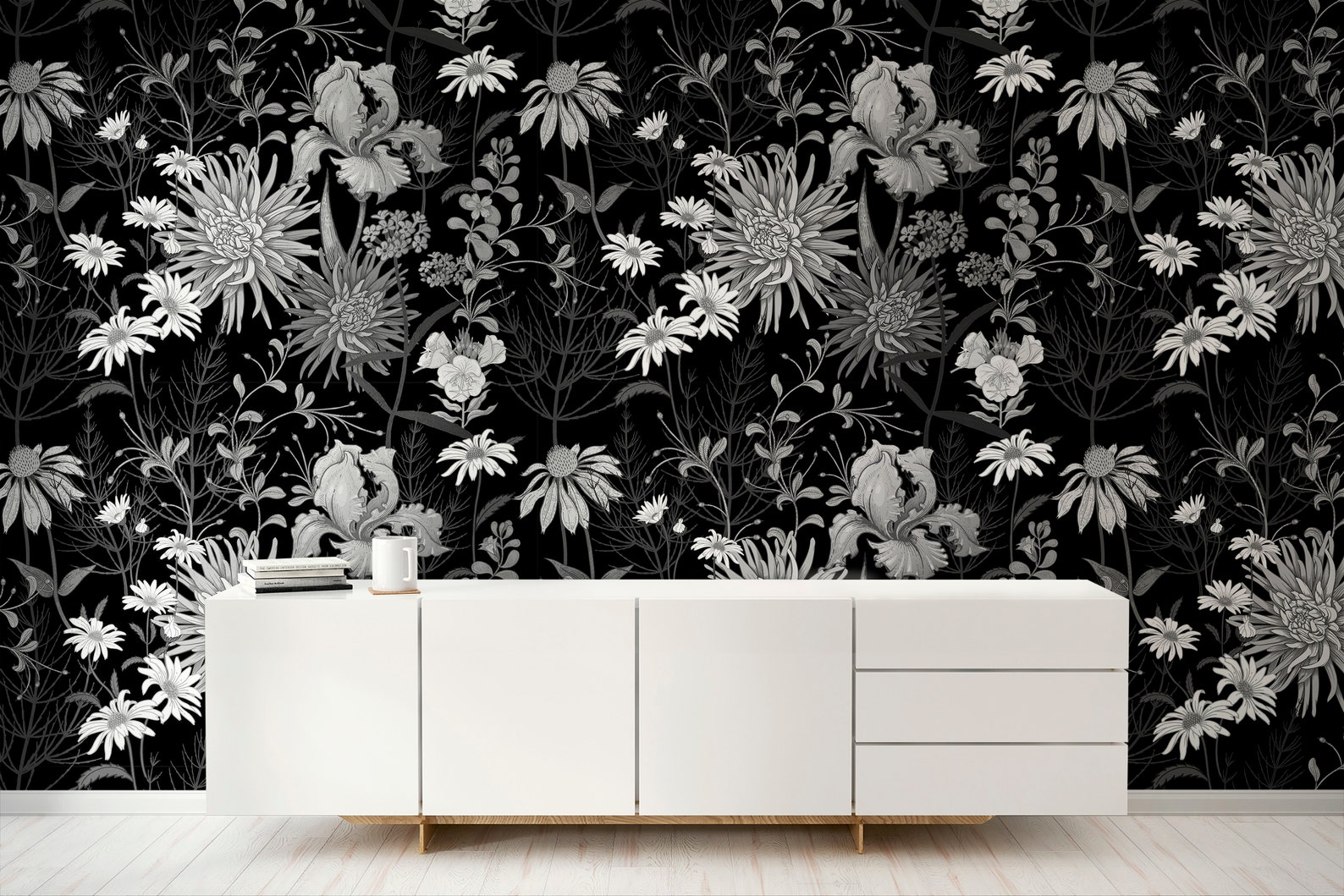 Removable Wallpaper Black Floral Wallpaper Flower Wall Etsy