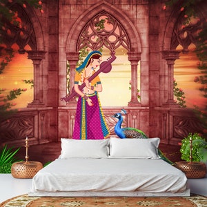 Traditional Indian Wallpaper, Asian Wall Paper, Peacock Wall Décor Wallpaper, Peel & Stick Removable Wallpaper, Lady With Peacock Wallpaper