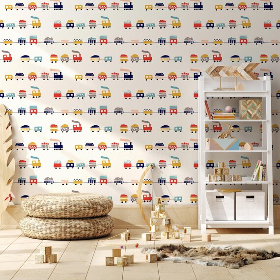 Colorful Train Peel and Stick Playroom Wallpaper Removable Cartoon Mural