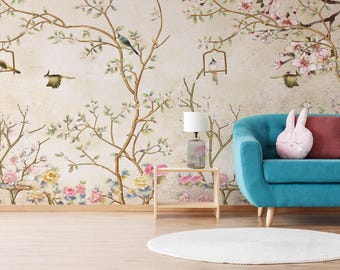 Chinoiserie Bird Wallpaper, Vintage Botanical Peel and Stick, Boho Wall Art (Pink Floral)