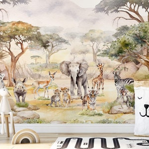 Jungle Mural Wallpaper | Watercolour Forest Animal Removable Wallpaper For Kids, Nursery, Playroom - Safari Wall Decor For Boys & Girls