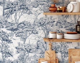 Blue and White Toile Wallpaper | Tree and Landscape Wall Decor | Self Adhesive Wallpaper for Kitchen and Dining Room