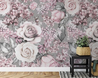 Grey and Pink Rose Flower Wallpaper, Removable Peel & Stick Wallpaper, Washable and Eco-Friendly Pre-Pasted/ Unpasted Matte  Wallpaper, B092