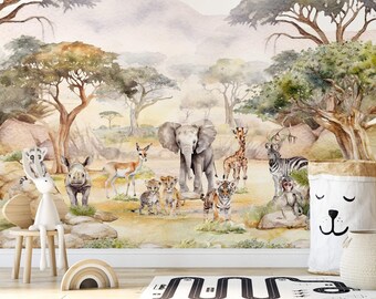 Safari Wallpaper in Peel and Stick Featuring Jungle Animals Elephant, Tiger Prints Removable Prepasted Kids, Nursery Room Decor