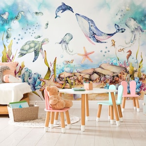 Sea Life Watercolor Wallpaper - Ocean Vibes with Cute Fish | Modern Vinyl Mural Wallpaper for Kids Room - Peel & Stick, Temporary Decor