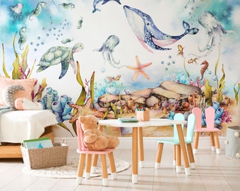 Sea Life Watercolor Wallpaper - Ocean Vibes with Cute Fish | Modern Vinyl Mural Wallpaper for Kids Room - Peel & Stick, Temporary Decor