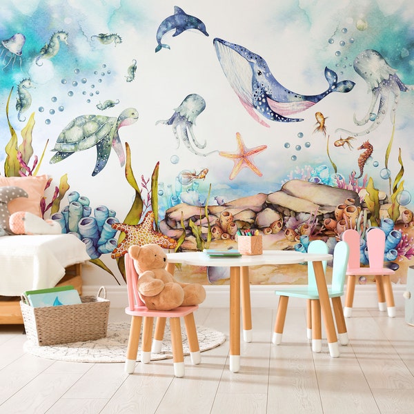 Sea Life Watercolor Wallpaper - Ocean Vibes with Cute Fish | Modern Vinyl Mural Wallpaper for Kids Room - Peel & Stick, Temporary Decor