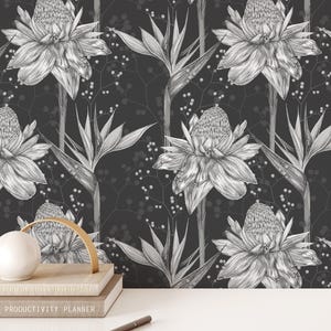 Elegant Black and White Floral Wallpaper with Dark Background for Bedroom Decor, Seamless Pattern Tropical Flowers Wall Art, Peel and Stick