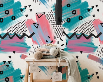 Brush Strokes & Geometric Shapes Mural, Blue Color Funky Wallpaper,  Peel And Stick Wallpaper For Kids, Abstract Nursery Wallpaper