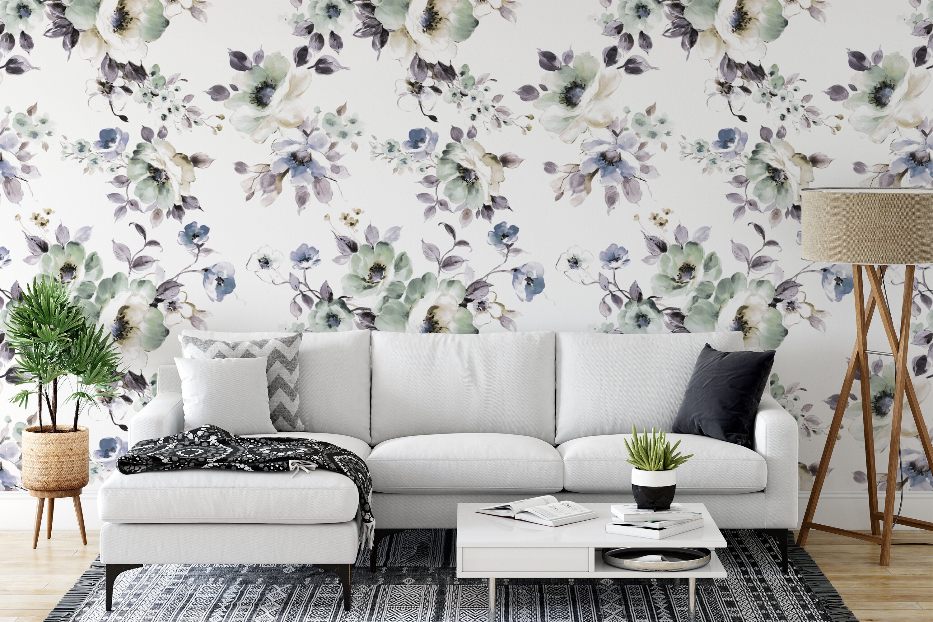 Purple Floral Peel-and-stick Wallpaper White Background - Etsy