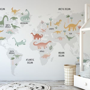 Cute Dinosaur World Map, Jurassic Playroom Map of the World Wall Mural, Prehistoric Nursery Peel and Stick Removable Wallpaper, VK008D