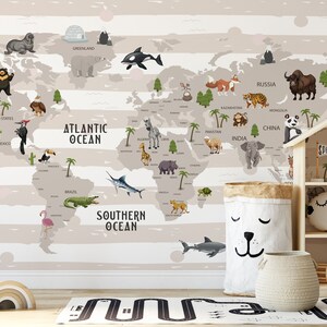 World map wallpaper for kids room, removable watercolour mural, landscape mural for nursery room, peel and stick mural for decor kids room
