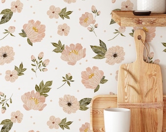 Removable Botanical Wallpaper Pink Flowers & Leaves  Easy Apply Peel and Stick Wall Decor