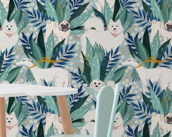Dog Floral Wallpaper Botanical Line Art Removable Peel and Stick Home Decor