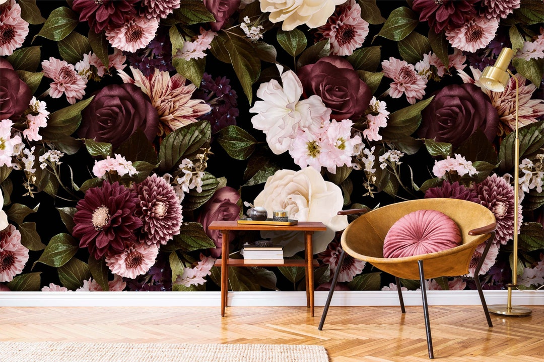 Vintage Botanical Mural Wallpaper | Dark Floral Removable Wallpaper for ...