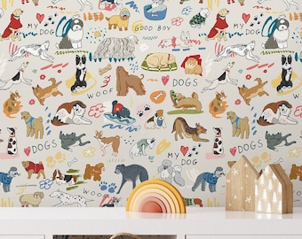 Cartoon Dog Wall Paper, Mixed Breed Nursery Mural, Bright Colors (Peel & Stick)