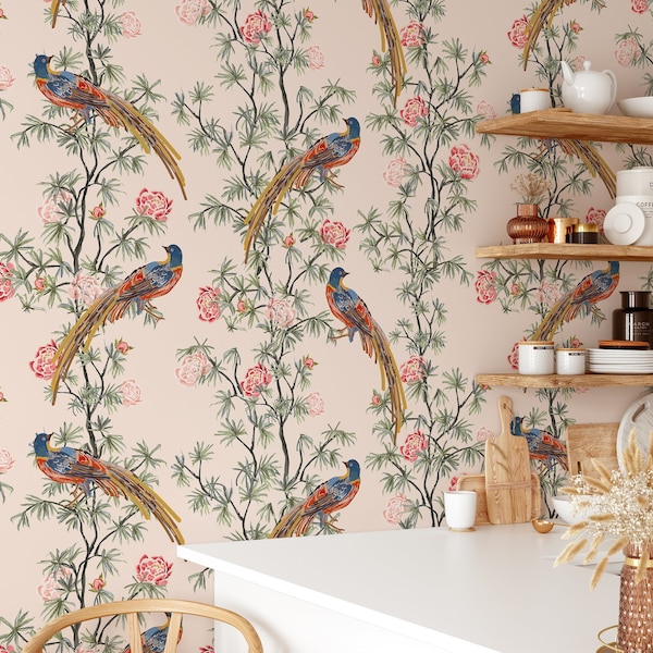 Classic Floral Peacock Wallpaper | Exotic Peacock on Branches Green Removable Wallpaper For Bedroom, Living Room, Restaurants | Vinyl