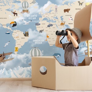 World Map Peel and  Stick Wallpaper with Washable Removable Mural Art Wallpaper for Kidsroom Nursery of Blue Adventure Theme Wallpaper