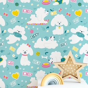 Funny White Little Poodle Dogs Wall Mural | Seamless Mate Finish Pattern Wallpaper | Cute Cartoon Dog Wall Sticker For Kids Room Decor