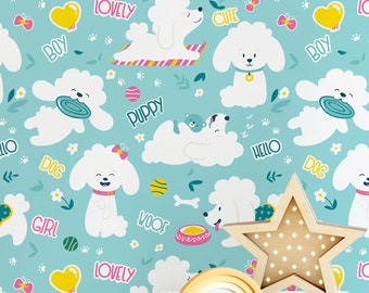 Funny White Little Poodle Dogs Wall Mural | Seamless Mate Finish Pattern Wallpaper | Cute Cartoon Dog Wall Sticker For Kids Room Decor