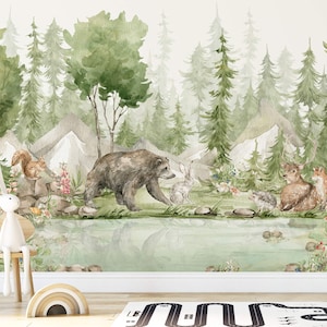Safari Animals Mural Wallpaper | Jungle Animal Removable Wallpaper Roll | Kids Play Room Peel and Stick Art - Adhesive Safari Nursery Decor