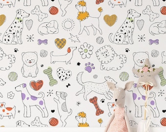 Dog Cartoon Wallpaper Mixed Breed Playful Dog Art Removable Wall Mural Peel and Stick
