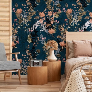 Vintage Dark Blue & Pink Floral Wallpaper, Removable Art Deco Mural, Unique Boho Flower Design for Bedroom, Maximalist Dark Floral Leaves